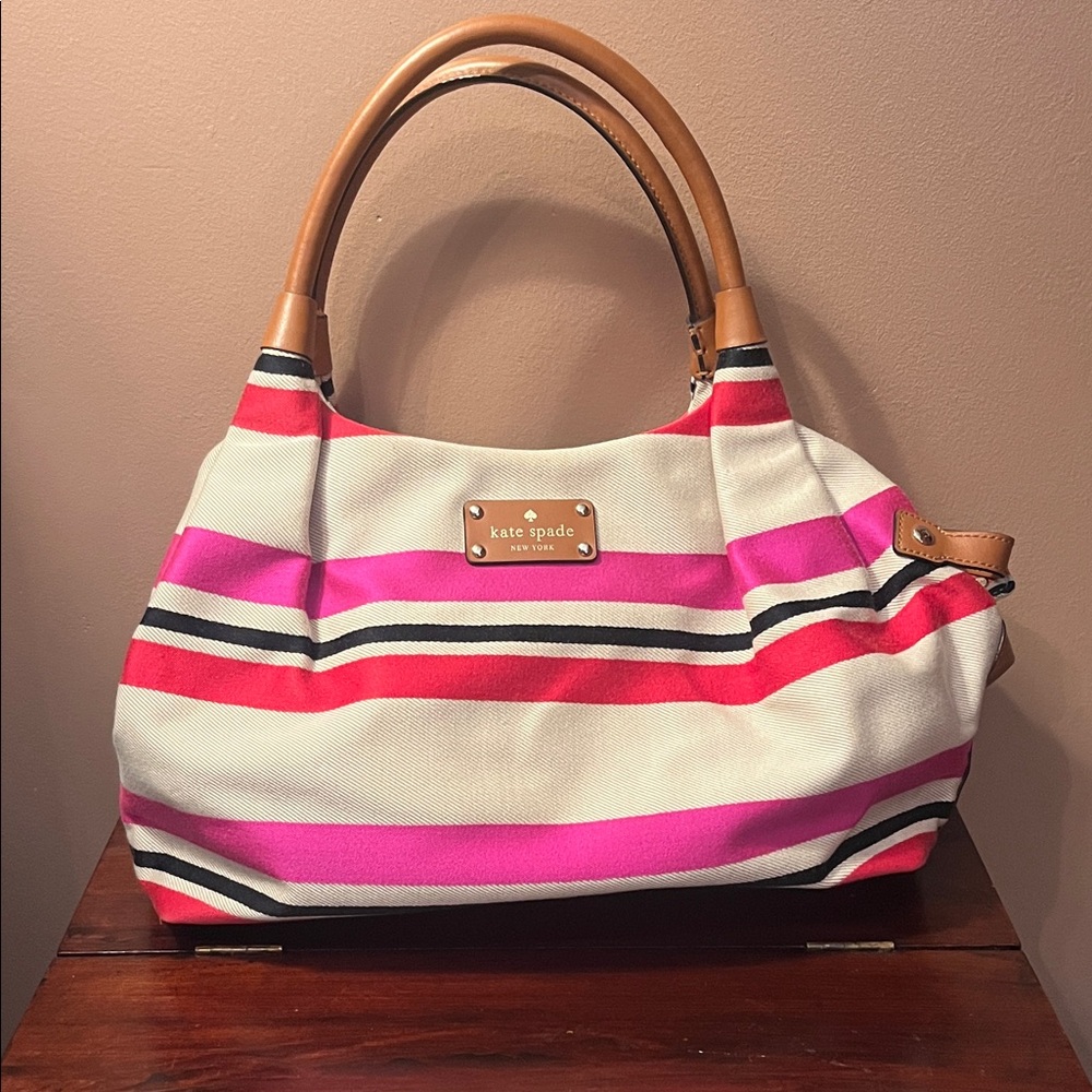 Kate Spade oak island stripe pink canvas/leather handle bag